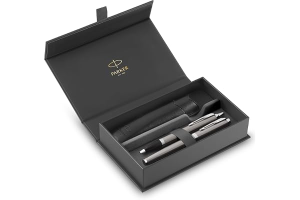 Parker IM Duo Coffret Cadeau | Stylo Plumestylo bille et étui à Stylo | Finition acier inoxydable avec garnitures chromées | Pointe moyenne | Recharges d’encre bleue | Le cadeau de fin d’études idéal