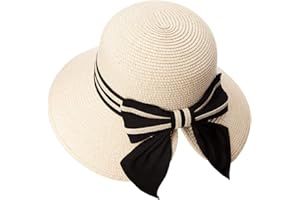 Comhats Ladies Sun Hats UPF 50 Wide Brim Straw Beach Summer Hat for Women Foldable Ponytail Bowknot