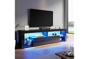 SONNI Mueble TV con Luz LED Ajustable de 12 Colores Sálon Negro con Mando a Distancia, Mesa TV Madera con Estantes Cristal 180cmx35cmx50.5CM