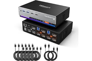 TESmart 8K 60Hz DisplayPort KVM Switch 2 PC 3 moniteur, USB 3.0 EDID Commutateur KVM Station d'accueil pour laptop & desktop, Gigabit Network, 4K@144Hz, Custom Hotkey Switch, DP1.4, PC Câbles Inclus