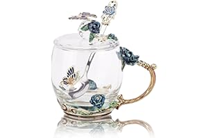 GEEWAA Zestaw kubków emaliowanych z łyżeczką i pokrywką, z motylami, kwiatami, na kawę, na Dzień Matki, wesele, urodziny, ukończenie szkoły, walentynki, Święta, dla kobiet, niebieski