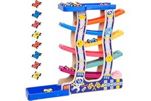ARKYOMI Car Ramp Toy with 8 Mini Cars, Race Track Toy for Kids Montessori Wooden Track Slide, Developmental Toy Set 7 Rainbow Track Great for Baby Boys Girls Child Birthday Gifts
