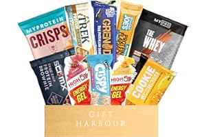 GIFT HARBOUR Protein Gift Hamper with High Protein Bars & Snacks - Gym Gift - Snack Gifts for Men & Women - Whey Protein, Grenade Oreo Bar, Cookies, Mountain Joe's & Trek Flapjack, Energy Gels, Brownie
