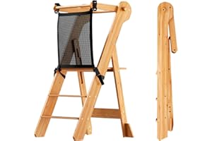COSYLAND Foldable Toddler Step Stool with Protective Mesh - Height Adjustable Toddler Standing Tower - Space Saving Wooden Kitchen Stool Helper for Kids (Natural)