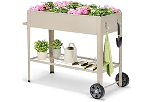 HOMASIS Hochbeet mit Ablage aus Netz & 2 Rollen, Blumenbeet aus Metall, erhöhtes Gartenbeet mit 2 Haken & Griff, Frühbeet Blumenkasten hoher Rollwagen für Garten Balkon Terrasse, 95 x 40 x 80cm, Beige