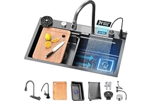 XDXINY Kitchen Sink, Raindance Waterfall Sink, Nano Workstation Sink with Digital Dispaly, Pull-Out Faucet, Drop in Kitchen Sink with Accessories (85x45x22CM)