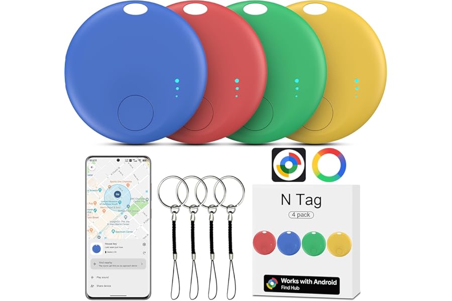 Air tracker Android, 4 PCS Smart Tracker Tag GPS Localizzatore Chiavi Compatibile con Trova Dispositivo(Solo Android), Bluetooth Tracker Compatibile per Portafogli,Chiavi,Zaini, valigia (Multicolore)