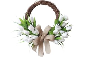 DZAAYEDIIY Artificial Tulip Wreath Diameter 40 cm, Half Covered Spring/summer Door Wreath, Artificial Flower Wreath, Artificial Rattan Wreath, Hanging Holiday Decoration with Green Leaves and Burlap Bow, White