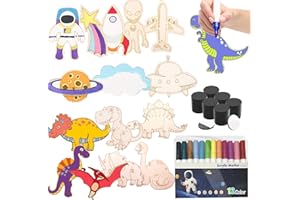 Gutenguy 48 Stück Holz Bastelset, Kinder Basteln, 8 Dinosaurier und 8 Raketen Bemalen DIY Holzbastelset,Wasserfarben Stifte Kühlschrankmagnete Holzbastelsets für Jungen Kindergeburtstag