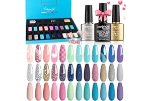 Lavender Violets 21 Pcs Gel Nail Polish Gift Set Sweet Pink Nude Green Blue Summer Colours Sliver Diamond Gold Purple Soak Off UV LED Base,Glossy n Matte Top Coat Manicure Varnish F986