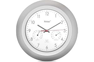 Mebus Funk-Wanduhr mit Thermometer und Hygrometer/silberner Rahmen/weißes Zifferblatt / 29cm Durchmesser/Rund/Modell: 19450 / Farbe: Silber, Weiß