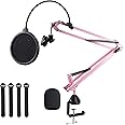 Microphone Stand, Cicano Mic Boom Arm Suspension Scissor with Shock Mount, Mic Clip Holder Upgraded Desk Clamp for Blue Yeti Snowball Ice and Other Mics Pink