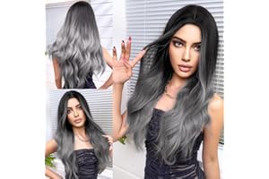LYPPUL Lange Gewellt Ombre Schwarz Grau Perücken, Lange Lockige Gradient Grau Perücken, Perücke Grau Damen, Natürliche Synthetische Haare, Lange Graue Ombré Perücke für Damen