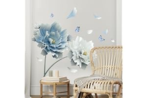 Tanlaby Blu Bianco Fiore Adesivi Murali Grande Loto Floreale Adesivi da Parete Fiore Farfalle Stickers Muro Removibili per Camera da Letto Soggiorno Divano TV Decorazione Parete