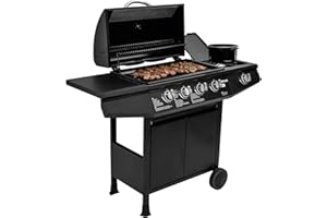 Amig - Barbacoa de gas Fireplus 4+1 de 9,3 kW - Acero inoxidable Negro - Parrilla con ruedas Modelo GRILL-4F - Barbacoa XXL con carro y termómetro - 126x52x103 cm - 5 quemadores y Bandeja lateral