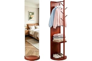 GFEMTH 360° Svängbar helkroppsspegel, golvspegel helkroppsspegel i massivt trä med klädhängare, stående spegel för sovrum och vardagsrum, utrymmesbesparande design, vintagebrun