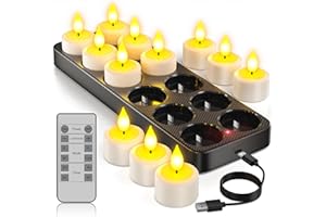 ‎YME Yme Aufladbare Teelichter mit Timerfunktion und Ladestation, 12er LED Teelichter Wiederaufladbar Kerzen Flackernd mit Fernbedienung Timer für Zimmer Wohnzimmer Halloween Weihnachten Tisch Party Deko