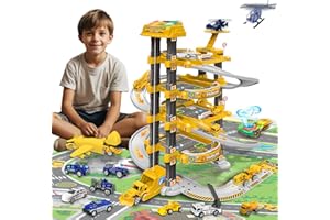 Xwin Sportseries 87 Pcs Kids Parking Garage Playset with Multi-Level Garage with Electric Lift, Color-Changing Car, Die-Cast Vehicles & Road Mat for Ages 3+