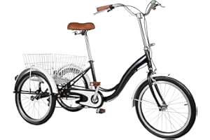 CLEADONG 20 Zoll Dreirad Für Erwachsene, Adult Fahrrad Mit Lichtern 3 Räder Und Korb, 3 Räder Dreirad Mit Einstellbare Kissen Und Griff Für Männer Frauen Ältere Menschen Und Erwachsene, Schwarz