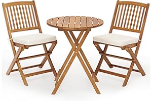 TANGZON Wooden Folding Bistro Set, Outdoor Dining Table and Chairs Set with Slatted Tabletop & Seat, Acacia Wood Garden Furniture Set for Porch Balcony (Vertical Slatted Back,with White Cushions)
