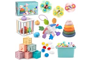 Plunack 6 in 1 Montessori Baby Toys - Stacking Rings, Blocks, Shape Sorter, Matching Eggs, Suction Cup Toy, Baby Sensory Gifts