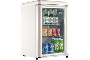 DRIXNO 78L Retro-Mini-Kühlschrank mit Chromleiste, Eingebautes LED-Licht, Verstellbare Einlegeböden, Fasst bis zu 42 Getränkedosen, 43dB leiser Betrieb, Geeignet für Haus, Büro, Beige