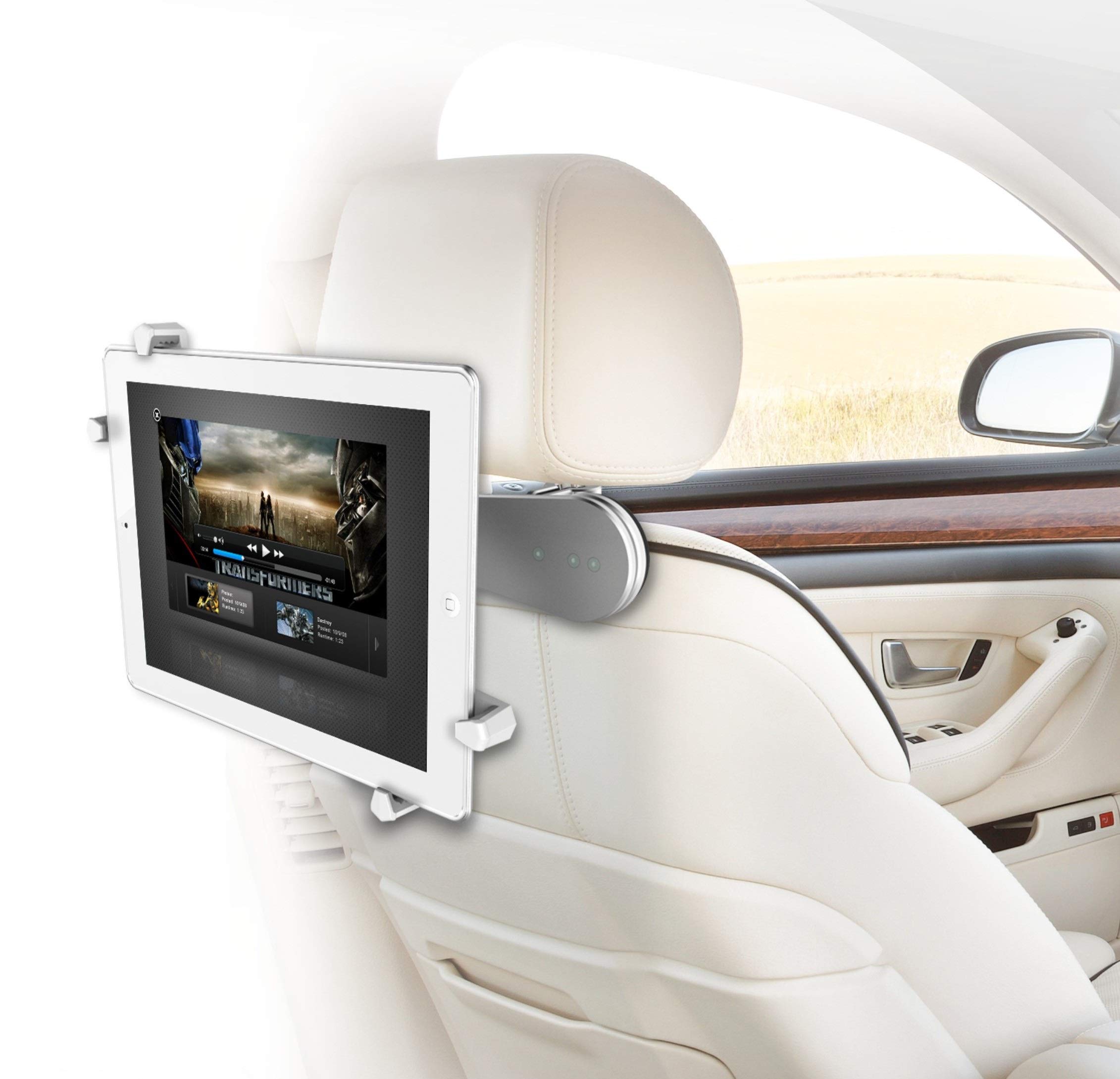 ZAZZ Car Headrest Flexible Tablet Mount (Aluminium), Swivel Between headrests,Compatible with iPad/Kindle Fire and Tablets (Off White)