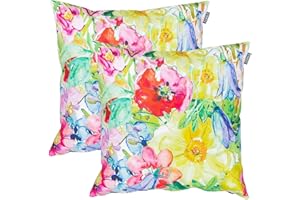 Bean Bag Bazaar Outdoor Cushions Filled, Floral Collection, Green, Set of 2, 43cm x 43cm, Water Resistant, Yellow Outdoor Cushions for Garden Furniture, Garden, Patio