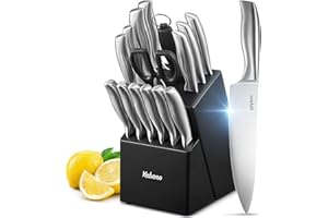 Knife Set, 16 Piece Kitchen Knifes Set with Block Wooden, German High-Carbon Stainless Steel Chef Knife, Steak Knives, Meat Scissors, Knife Sharpener by Yabano
