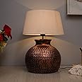 Homesake Antique Hammered Table Incandescent Lamp Oil-Rubbed Bronze Metal Linen Drum Shade For Living Room Family Bedroom, (Pot, Beige)