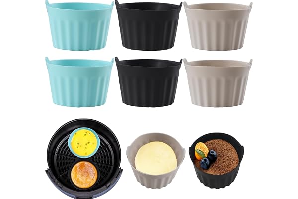 Baketron 6PCS Moule Silicone Air Fryer,Plat Pour Friteuse Sans Huile,Mafin Coupe Moule,Moule Pour Gâteau Au Four,Moule à Tarte Aux Oeufs,Air friteuse Accessoires, Silicone Bakeware,Noir + gris + bleu
