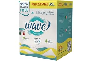 WAVE WASH'N'LOVE Wave Washing Classic - Il Detersivo in Fogli - 100% PLASTIC FREE - Multipack XL - 208 Lavaggi - Made in Italy - Ecologico - Biodegradabile - Compostabile