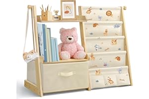 wooshwa Estanteria Libros Infantil, Libreria Estanteria Montessori Infantil, Estantería de Juguetes con 4 Estanterías, 2 estantes de exposición y 1 Caja de Almacenamiento - Animales de la Selva