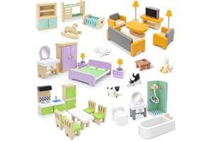 SEKEPINGO 33PCS Wooden Dollhouse Furniture Set, Doll House Miniature Accessories 5 Room Kit Including Miniature Kitchen, Living Room, Bedroom & Bathroom Accessories for Pretend Play, Kids Ages 3+