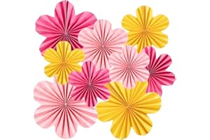 SUNBEAUTY 9 Pcs Paper Flowers Decorations Pink Yellow Paper Fans for Wall Floral Backdrop Decoration Hanging Pink Fans Flower for Classroom Birthday Wall Baby Shower Spring Tea Party Decr