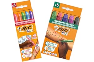 BIC Kids - Kit pour tatouages temporaires : stylos, pochoirs et tampons à encre sans parfum testée sous contrôle dermatologique - Pack de 5 stylos + 10 pochoirs+ 5 tampons