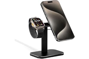 QINCOON Soporte de teléfono para Cargador MagSafe, 2 en 1 Soporte de Celular de Escritorio Ajustable de Aluminio para iPhone y Apple Watch [Cargador no Incluido] (Negro)