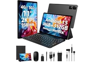 WOREGOO 11 Pollici Tablet Android 15, 4G LTE e 5G WiFi, Octa-Core, 36GB RAM+512GB ROM (1TB TF), 2K 2000x1200 FHD Display, Widevine L1, GMS/GPS/8+13MP/Batteria 9580mAh con Tastiera+Mouse(Nero)
