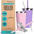 tweevo Sippy Cups For Toddlers 1-3 - Toddler Cups w/Screw Lids - Stainless Steel Kids Cups With Straws and Lids - 2 Pack (Pink & Purple, 12oz)