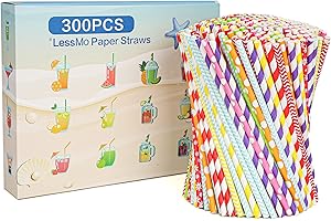 LessMo 300 Pcs Pailles Papier Réutilisables, Paille Coloré pour Mason Jar, Verre, Anniversaire, Mariage, Noël, Douche de Bébé, Célébration et Fête-10 Couleurs