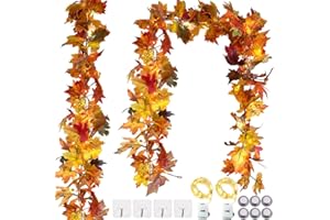 OEMG 2 Pack Artificial Autumn Garland with Lights Autumn Decorations, 5.9Ft Fall Maple Leaves Garland for Home Thanksgiving Fireplace Halloween Fall Wedding Party Decor, Yellow