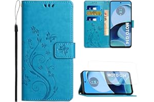 Anshow Lederhülle mit Moto G14 Hülle und Schutzfolie, Handyhülle für Moto G14, Flip Wallet Hülle Leder Tasche Schutzhülle, Blau