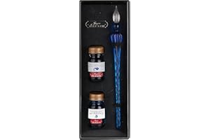 Jacques Herbin 29313T - Coffret avec 2 encres10 ml, Bleu des profondeurs, et Bleu pervenche et une plume de verre outremer Fabriqué en France