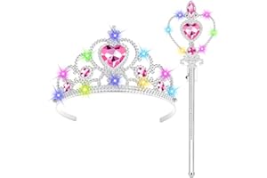 HOTUT Light Up Princess Tiara Set, Princess Dress Up Accessories Set Included Princess Crown Tiara and Wand, Costume Jewellery Toys, Princess Dress Up for Girls Birthday Party Halloween Cosplay