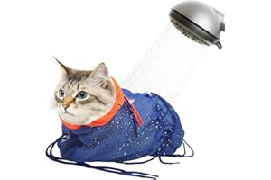 Catcan Cat Bath Bag, Breathable Mesh Anti-Scratch Adjustable Cat Grooming Bag for Nail Trimming Bathing Polyester Soft Cat Wash Bag (Blue-Orange)