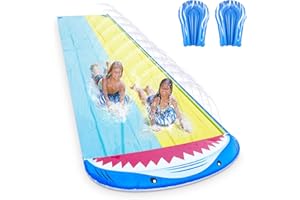 Innedu Scivolo Acqua, 4.8 x 1.4M Forma di Squalo Doppio Scivolo Gonfiabile da Giardino, Giochi d'Acqua Slip And Slide con 2 Bodyboards per Adulti Bambini Estate Prato Giardino