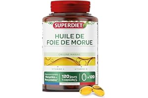 SUPERDIET - HUILE DE FOIE DE MORUE - Source de Vitamine A et Vitamine D - Nutrithérapie - Conditionné en France - 120 capsules