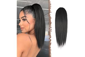 FESHFEN Coleta Postiza pelo Lisa, 30 cm Cola de Caballo Extension Cordón Larga Liso Extension Pelo Coleta Sintéticas Ponytail Drawstring Extensiones de Cabello Coleta, Negro natural