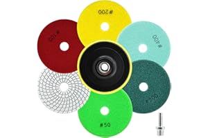 QUEFORET Diamant Polierpads Set 8 Stücke - 6 Stücke 100mm Nass Polierscheiben (Körnung 50/50/100/200/400/800), 1 Stück Polierteller, 1 Stück Adapter für Granit Marmor Quarz Kunststein