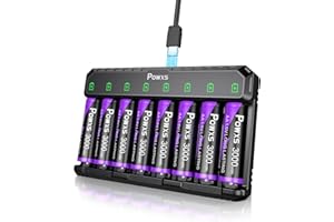 POWXS 1.5V Lithium Akku AA 8-Pack 2000 Zyklen & Stahlgehäuse, 3000mWh,mit USB Schnelladegerät, Kompatibel AA/AAA für Spielgeräte & Blink-Kameras